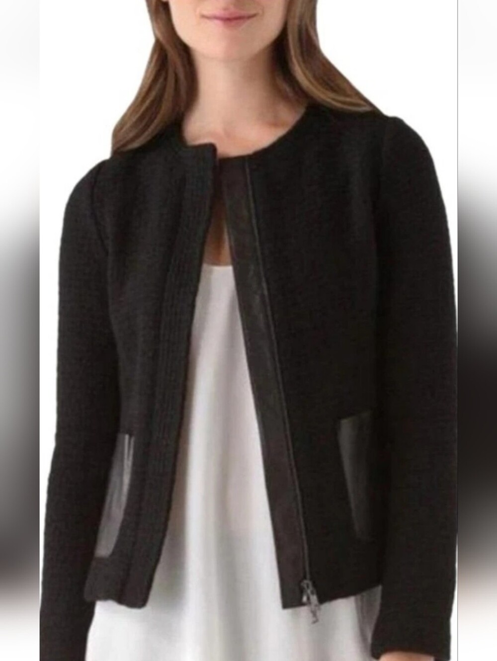 Vince Black Tweed Jacket with Leather Pockets - Women Size 6 (Medium Small) - Picture 4 of 5